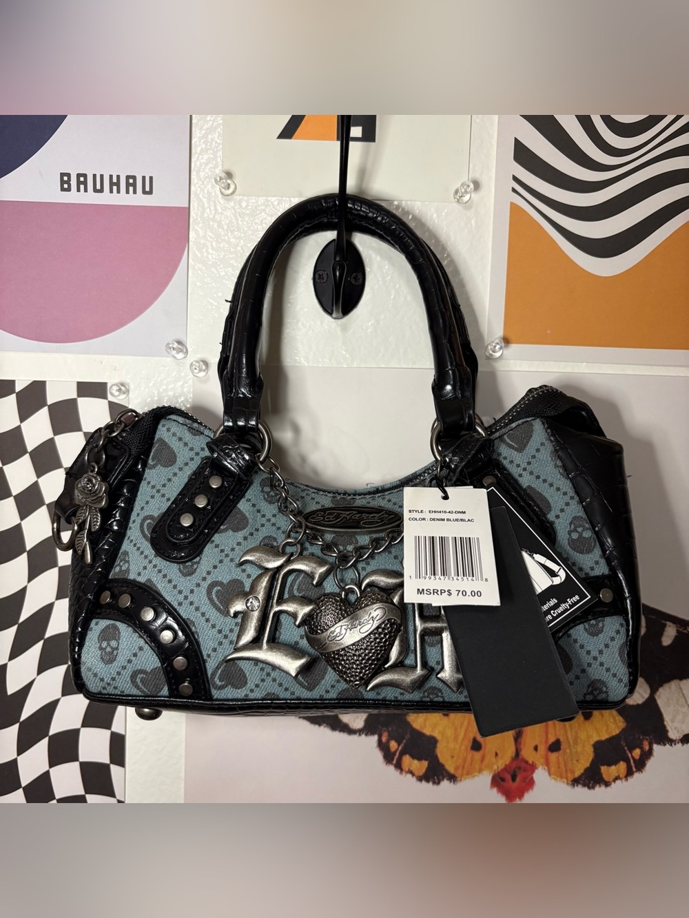 Ed Hardy Denim Blue Skull Heart Charm Satchel Crossbody Bag NWT